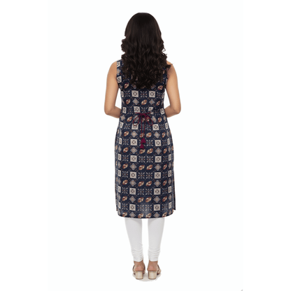 Navy Blue Printed Sleeveless Straight Kurti | Knee Length - Vinnexa.in