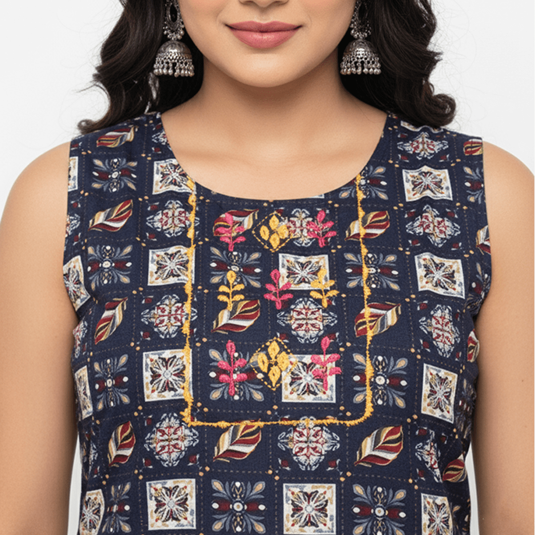 Navy Blue Printed Sleeveless Straight Kurti | Knee Length - Vinnexa.in