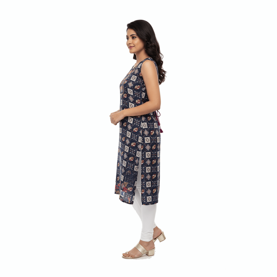 Navy Blue Printed Sleeveless Straight Kurti | Knee Length - Vinnexa.in