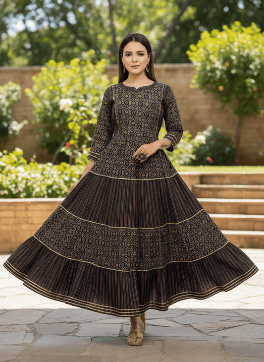 Navy Blue Printed Tiered Anarkali Gown - Long Ethnic Dress - Vinnexa.in