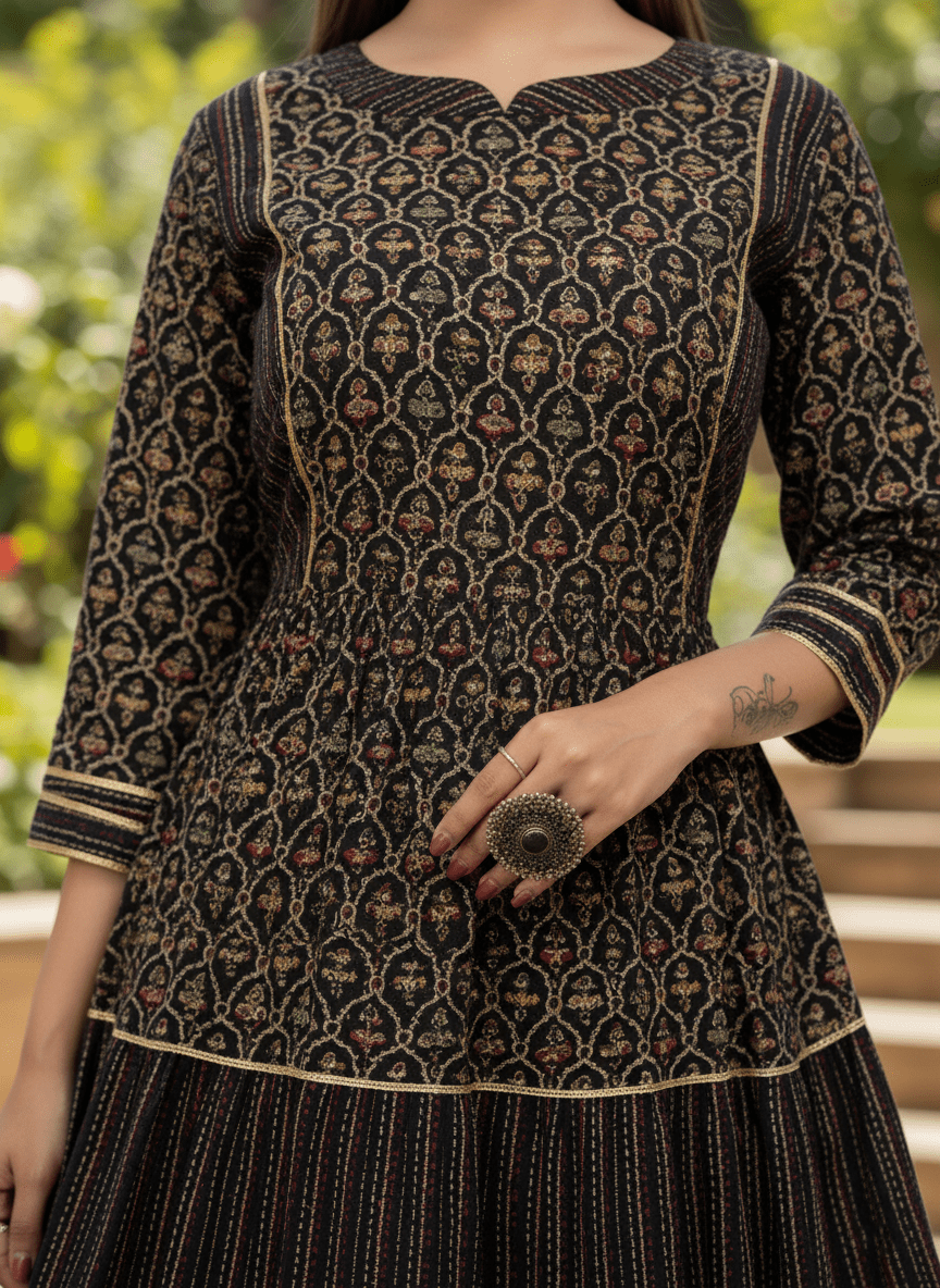 Navy Blue Printed Tiered Anarkali Gown - Long Ethnic Dress - Vinnexa.in