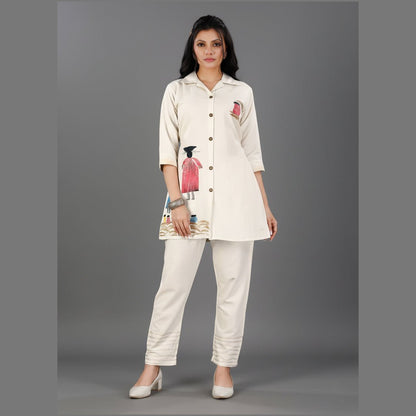 Off - White Hand - Painted Co - ord Set | Tribal Art Tunic & Pants - Vinnexa.in