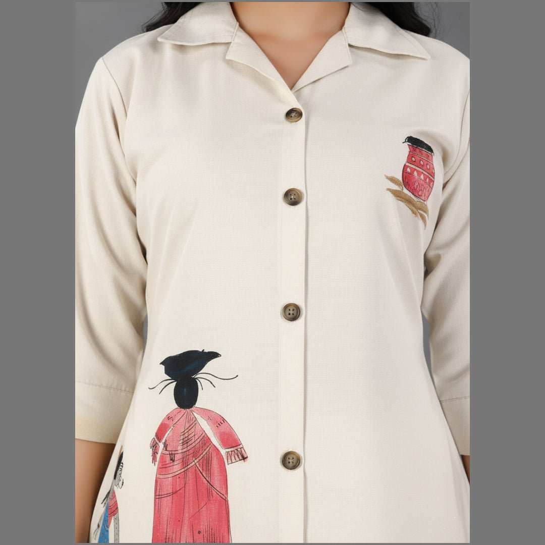 Off - White Hand - Painted Co - ord Set | Tribal Art Tunic & Pants - Vinnexa.in