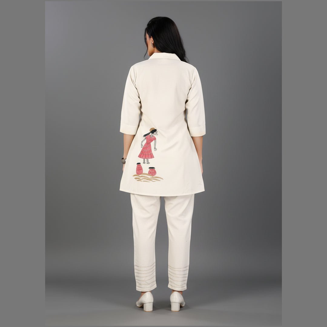 Off - White Hand - Painted Co - ord Set | Tribal Art Tunic & Pants - Vinnexa.in