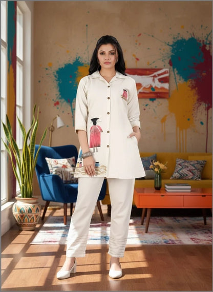 Off - White Hand - Painted Co - ord Set | Tribal Art Tunic & Pants - Vinnexa.in