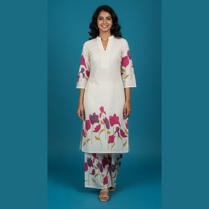 Off - White & Magenta Tulip Block Print Suit Set - Vinnexa.in