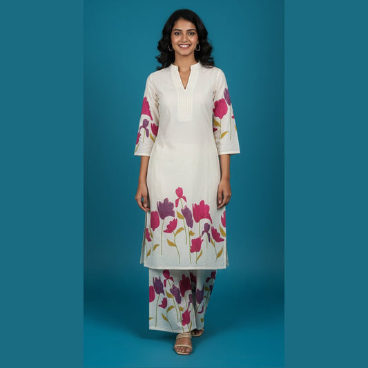 Off - White & Magenta Tulip Block Print Suit Set - Vinnexa.in