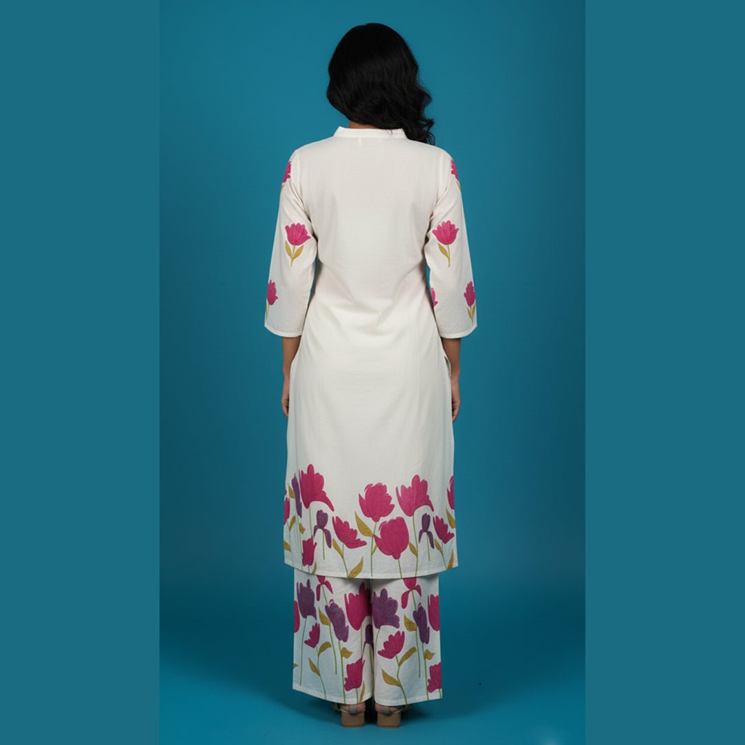 Off - White & Magenta Tulip Block Print Suit Set - Vinnexa.in