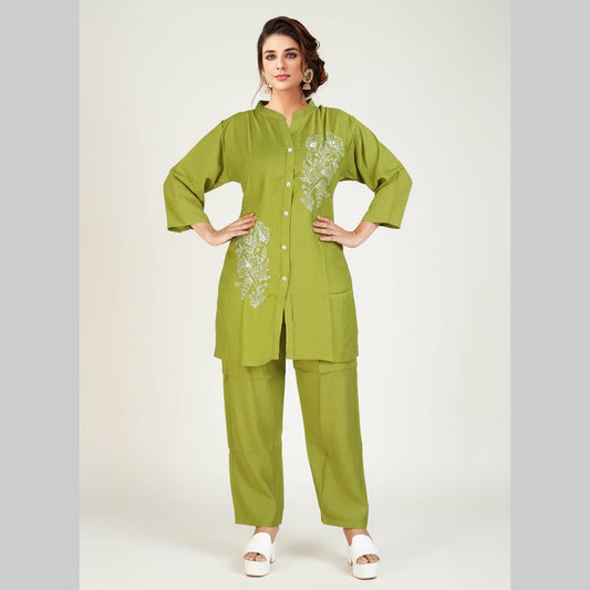 Parrot Green Embroidered Tunic and Pant Co - ord Set - Vinnexa.in