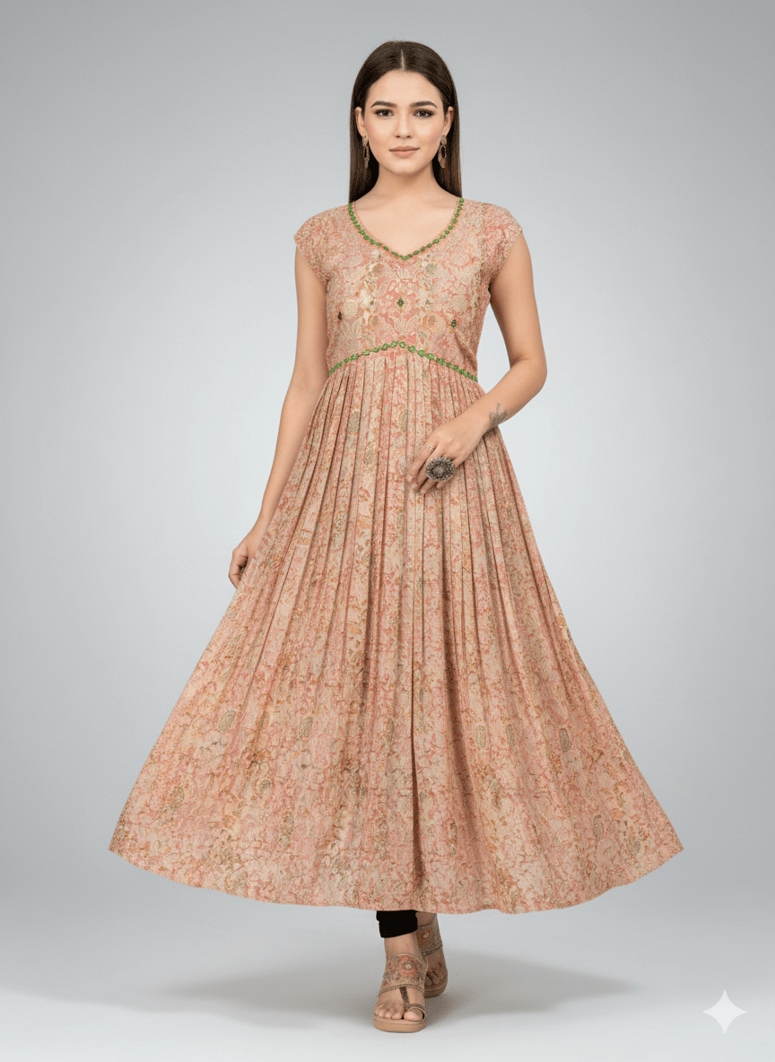 Peach Floral Print Georgette Anarkali Gown - Festive Wear - Vinnexa.in