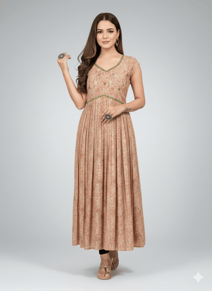 Peach Floral Print Georgette Anarkali Gown - Festive Wear - Vinnexa.in