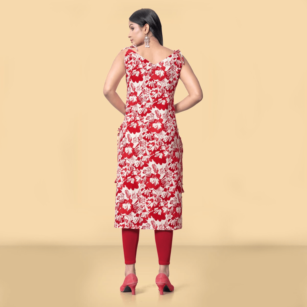 Red and White Floral Print Spaghetti Strap Kurti - Straight Fit - Vinnexa.in