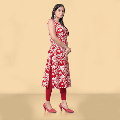 Red and White Floral Print Spaghetti Strap Kurti - Straight Fit - Vinnexa.in
