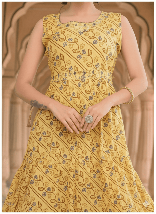 Sunny Yellow Printed Sleeveless Flared Kurti for Women - Vinnexa.in