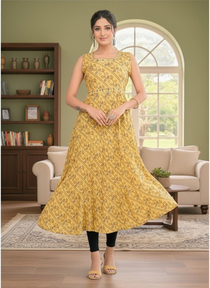 Sunny Yellow Printed Sleeveless Flared Kurti for Women - Vinnexa.in