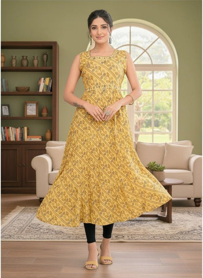 Sunny Yellow Printed Sleeveless Flared Kurti for Women - Vinnexa.in