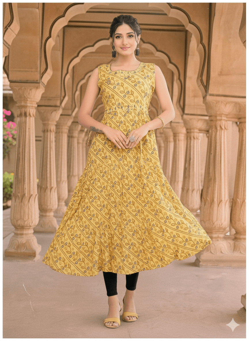 Sunny Yellow Printed Sleeveless Flared Kurti for Women - Vinnexa.in