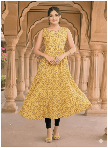 Sunny Yellow Printed Sleeveless Flared Kurti for Women - Vinnexa.in
