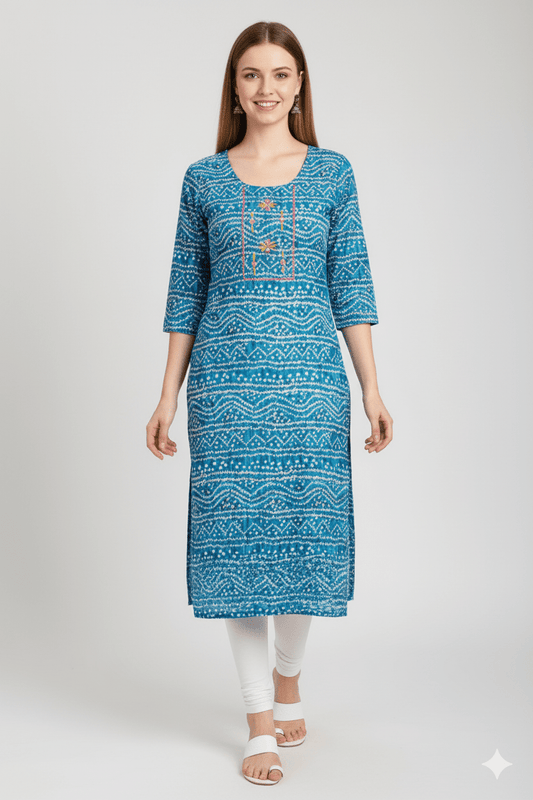 Teal Blue Bandhani Print Straight Kurti with Neck Embroidery - Vinnexa.in
