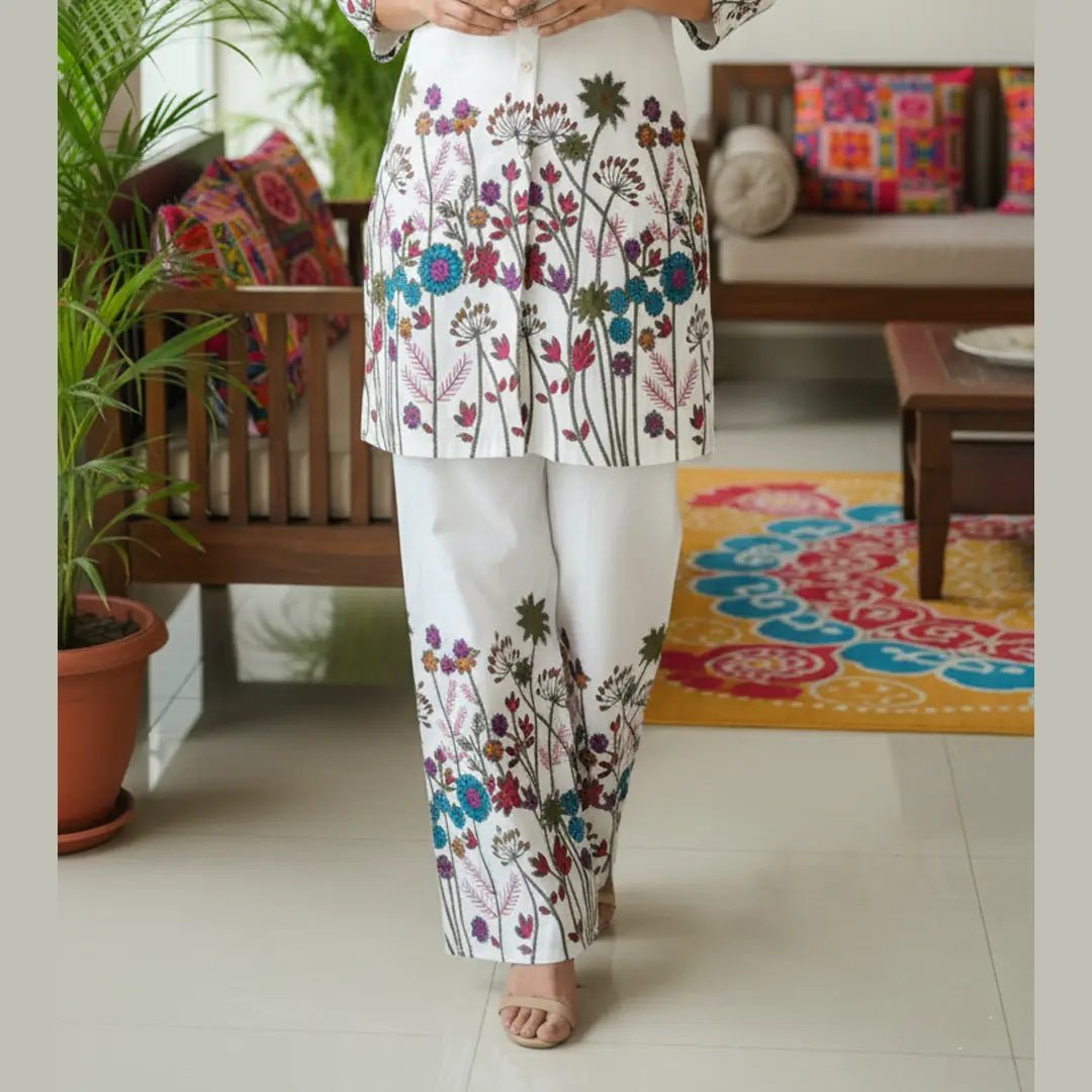 White Floral Print Tunic and Palazzo Co - ord Set - Vinnexa.in