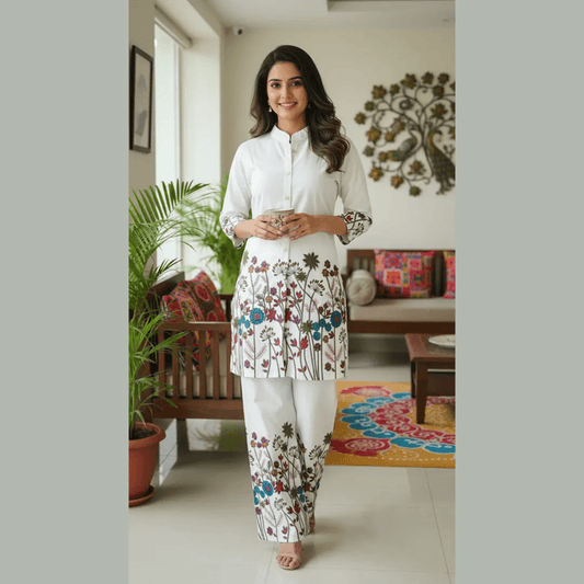 White Floral Print Tunic and Palazzo Co - ord Set - Vinnexa.in