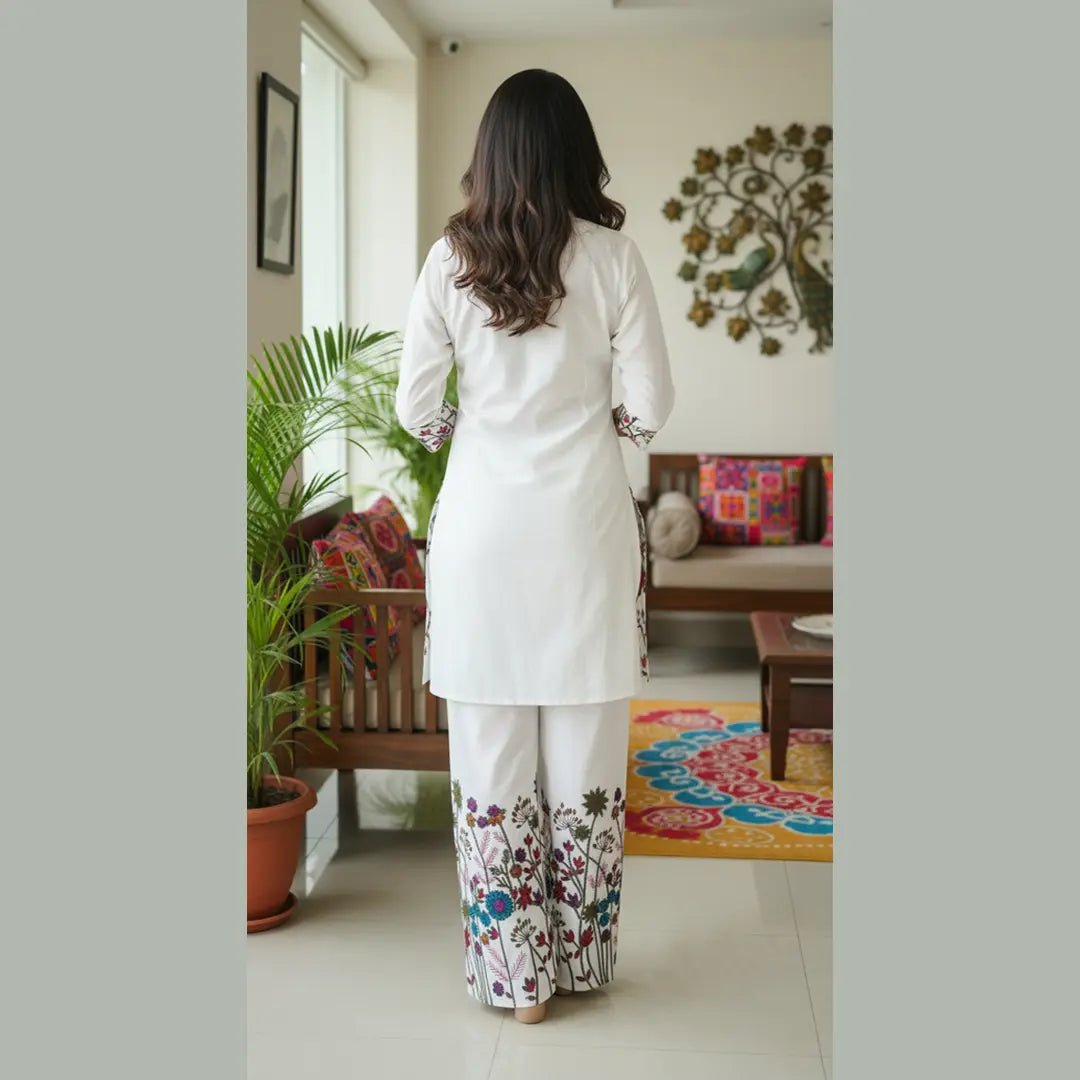 White Floral Print Tunic and Palazzo Co - ord Set - Vinnexa.in