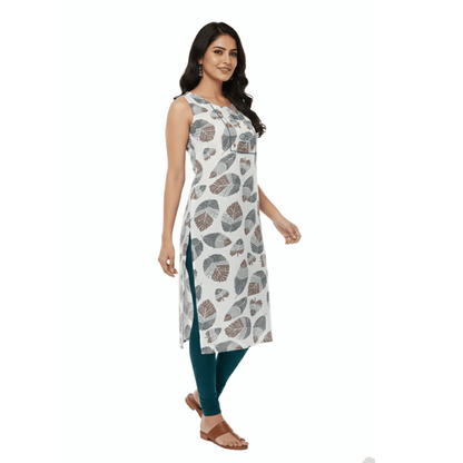 White Leaf Geometric Print Sleeveless Straight Kurti with Yoke Embroidery - Vinnexa.in