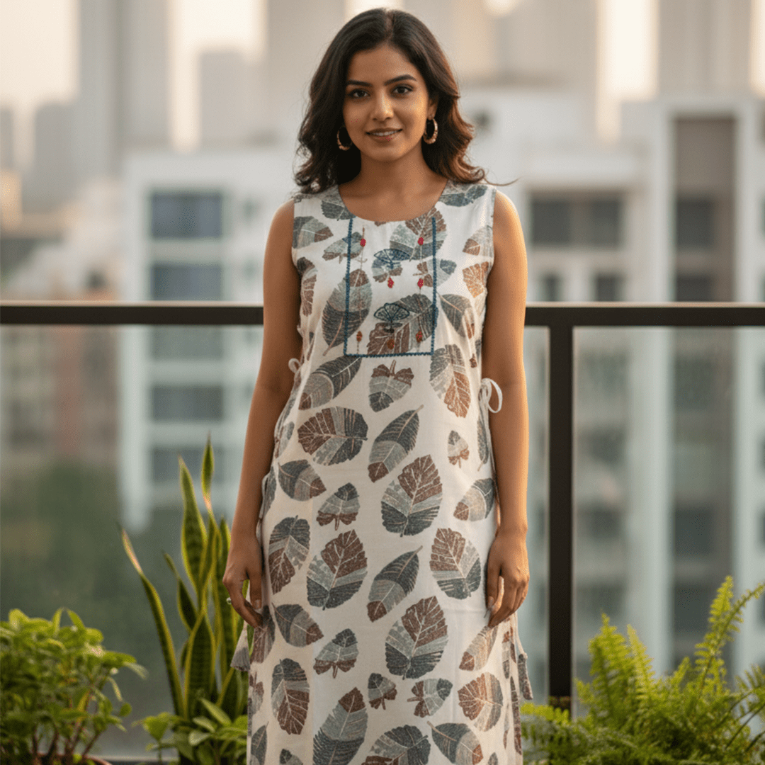 White Leaf Geometric Print Sleeveless Straight Kurti with Yoke Embroidery - Vinnexa.in
